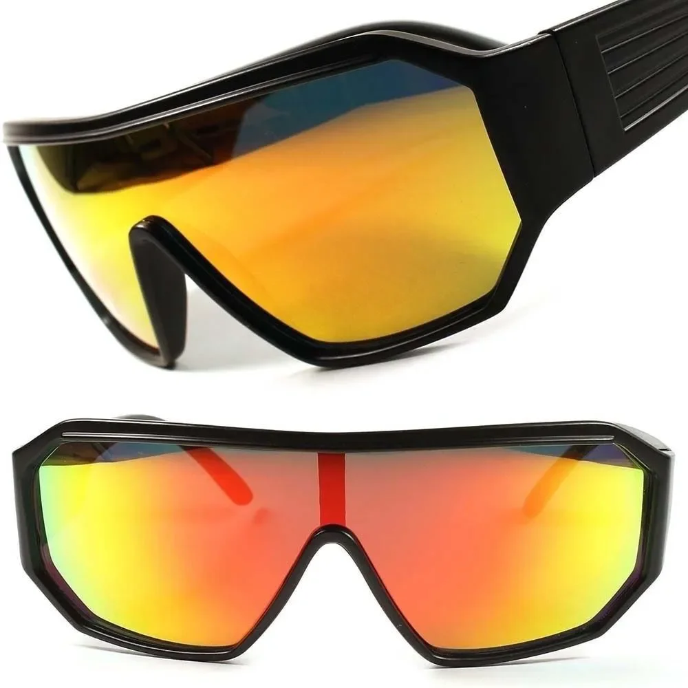 Retro Futuristic Sci-Fi Party Costume Red Mirrored Lens Black Wrap Sun Glasses